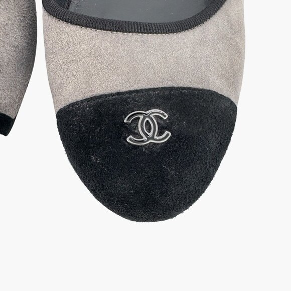 Chanel CC Gray Suede Black Cap Toe Ballet Flats Shoes Size 39 US 8-8.5 Logo - Picture 5 of 15